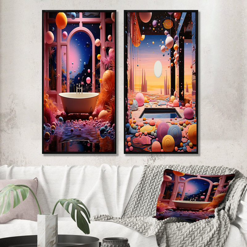 Celestial Dream Bathroom I - Ensemble de 2 décorations murales pour salle de bain, Cadre noir, H 32 po x l 33 po