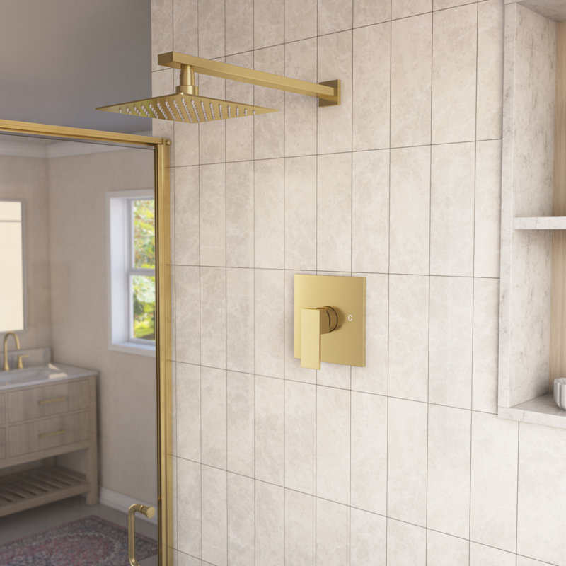 Caspian Rainfall Shower Set with Square Shower Head and Square Valve, Brushed Brass, Brushed Brass