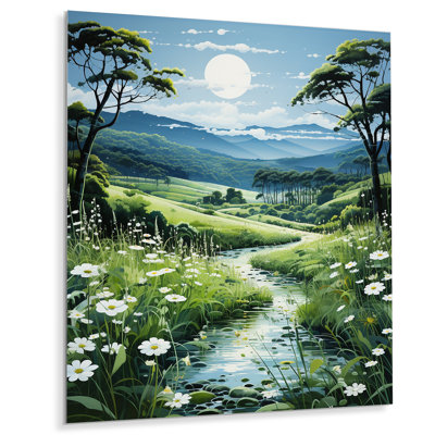 «Countryside Glistening Dew II - Paysage et nature, art mural en métal dans le salon