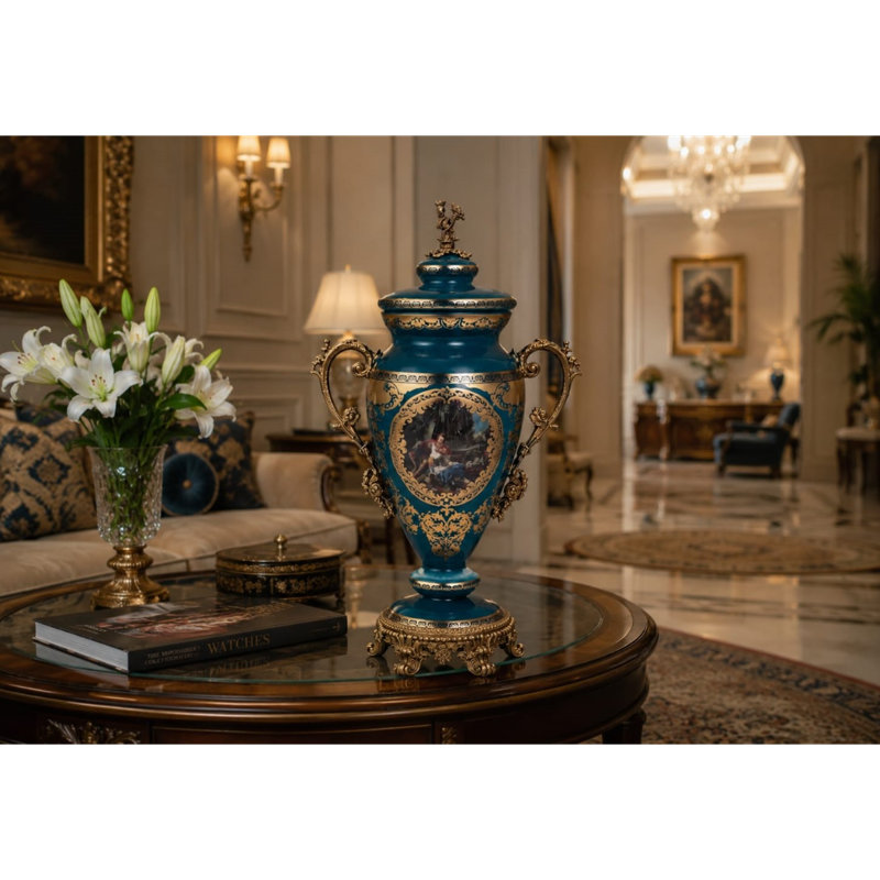 Bronze Deep Aegean Blue Gold Crystal Glass Decorative Sculpture French Style Set