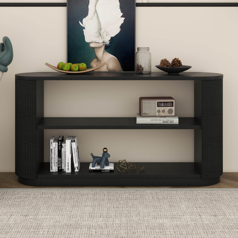 Table de canapé avec tablette ouverte et finition grain de bois, console d'entrée moderne, design polyvalent et peu encombrant