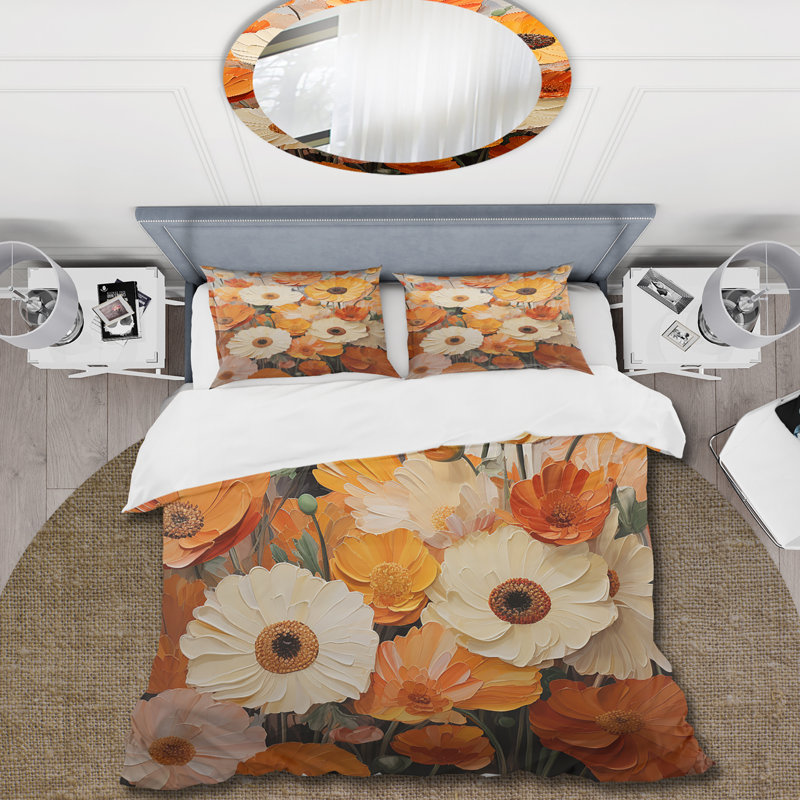 Ensemble de housse de couette orange et beige Fiery Blooms 3 - Marigold Orange