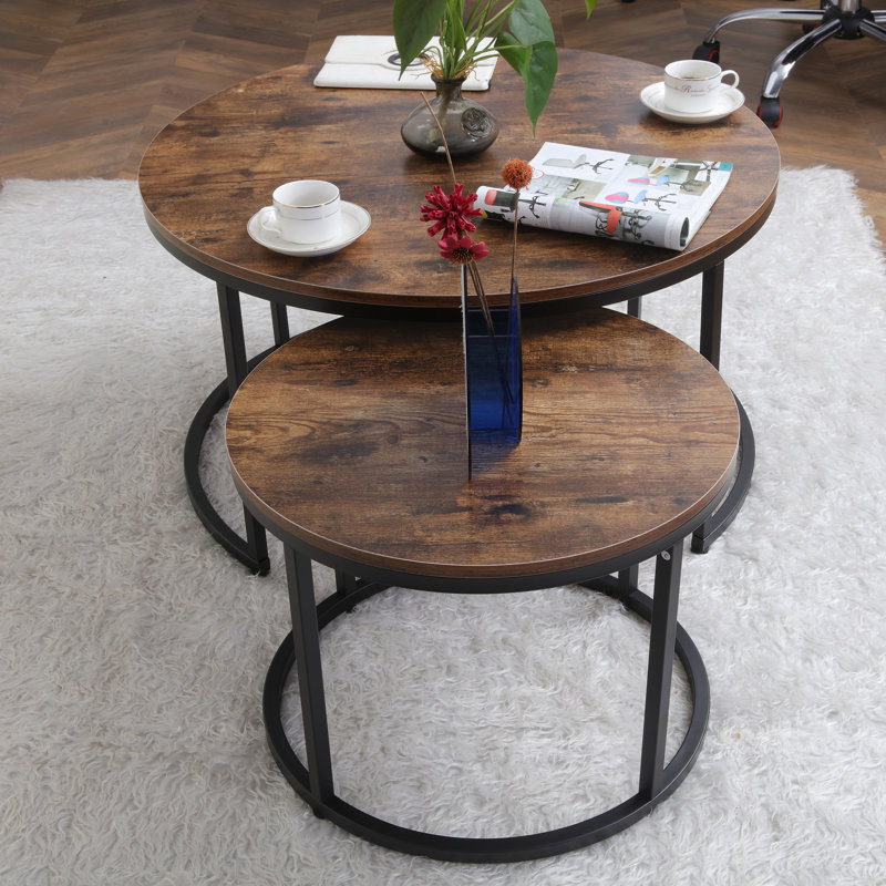 Oryan Frame Nesting Tables Set - 2-Tier Storage End Tables, Space Saving, Black, Rustic Brown