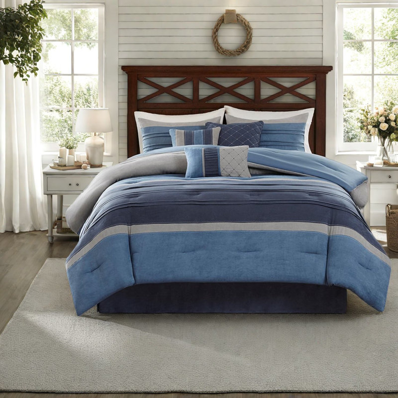 Premium 7-piece Microsuede Bedding Set, Navy Polyester, Transitional Comfort For King Bed