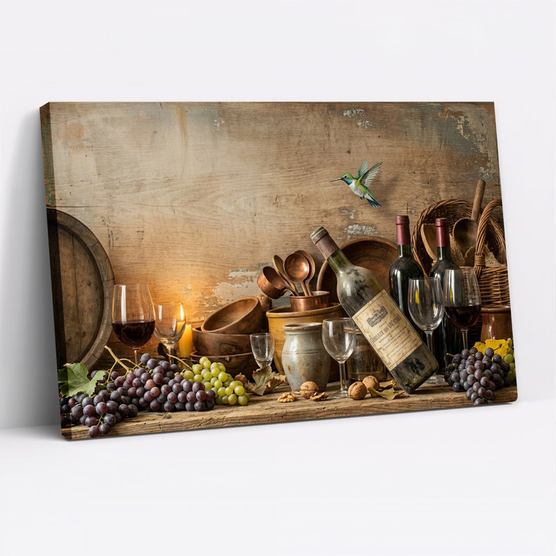 Tableau sur toile représentant une bouteille de vin rustique, des raisins et des ustensiles en cuivre, H 16 po x l 24 po