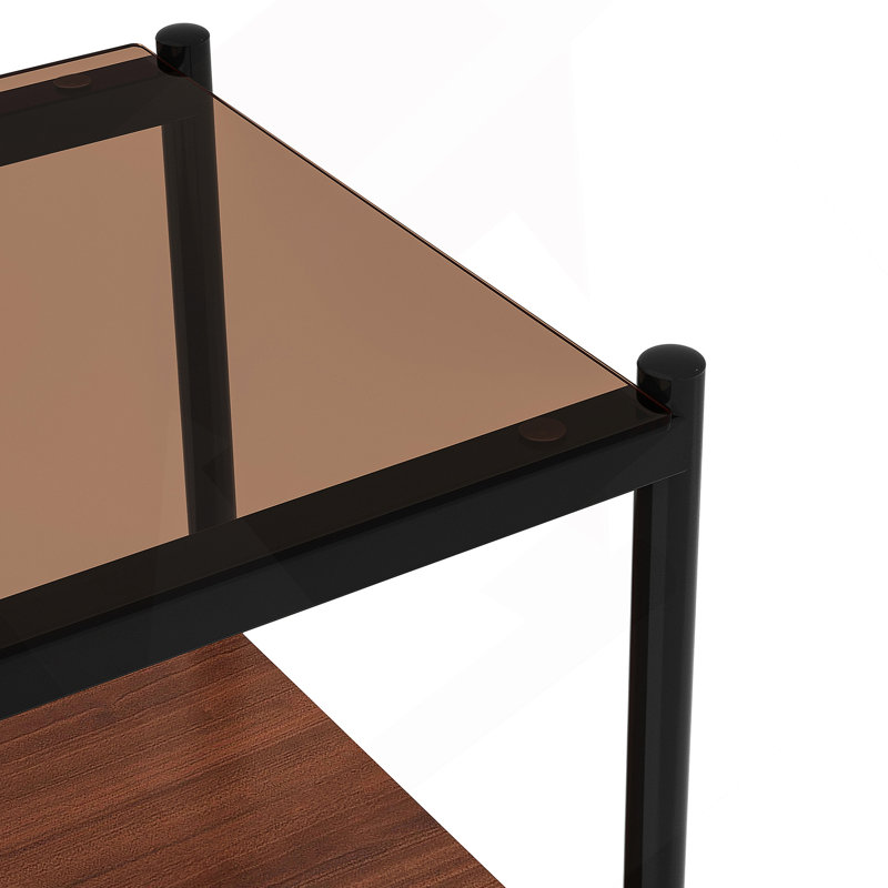 Ensemble de 2 tables de bout rectangulaires, plateau en verre trempé avec panneau de fibres à densité moyenne, Brun