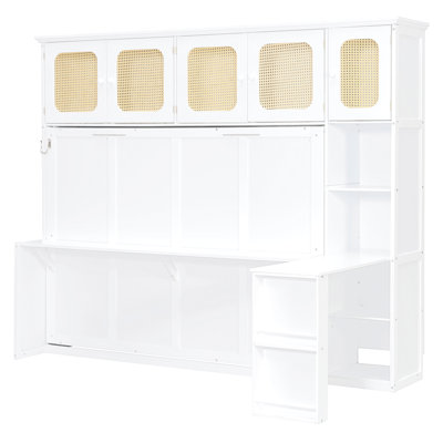 Full Murphy Bed with Desk and Rattan Cabinets, Space-Saving Wall Bed for Home Office, Warm White