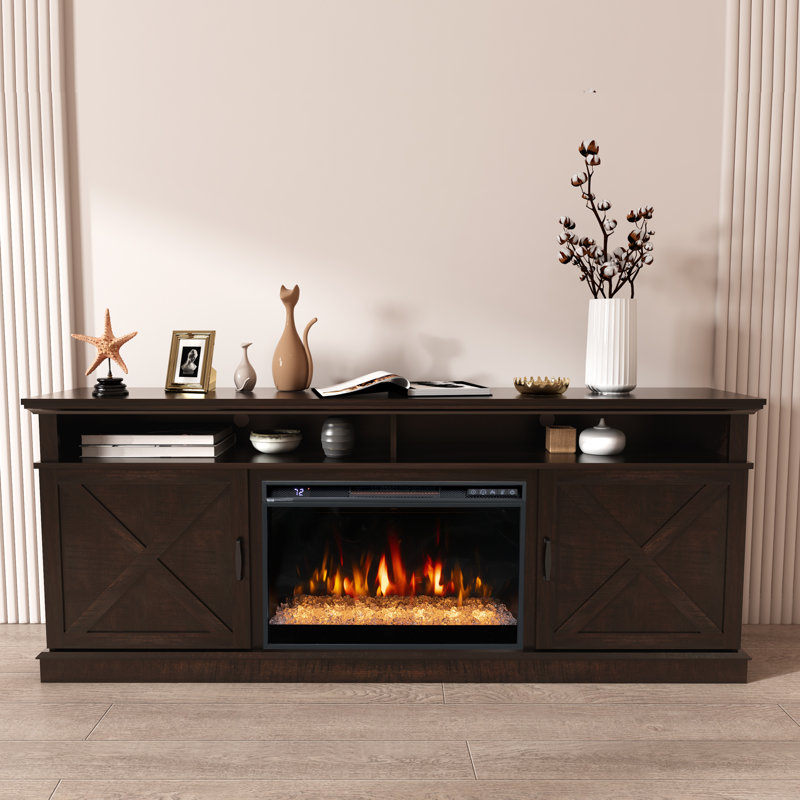 Angelly Unfinished TV Stand for TVs up to 78" with Fireplace Included, Brown