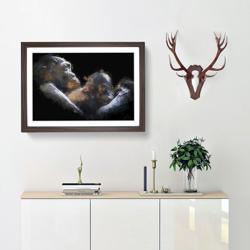 Gorilla Mother & Child in Abstract - Framed Print, 36cm H x 48cm W x 2cm D, Walnut Framed