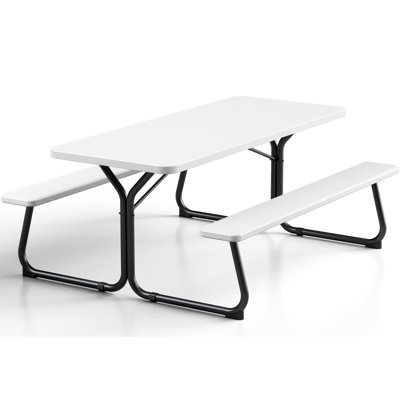 Table de pique-nique en PEHD de 6 pi avec bancs attachés, table de pique-nique d'extérieur robuste pour 6 à 8 personnes, structure en acier d'une capacité de 600 lb pour la cour arrière