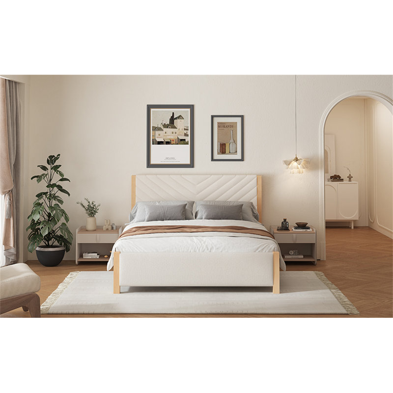 Structure de lit tapissier moderne Mid-Century avec tête de lit capitonnée et pieds en bois massif, Beige