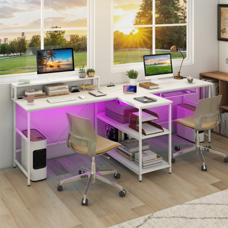 2-Person Reversible Computer Desk Long Office Desk With LED Lights, White