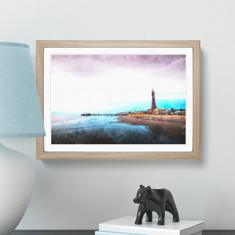 Blackpool Tower & Beach Painting - Single Picture Frame Print on MDF, Oak, 24cm H x 33cm W x 2cm D