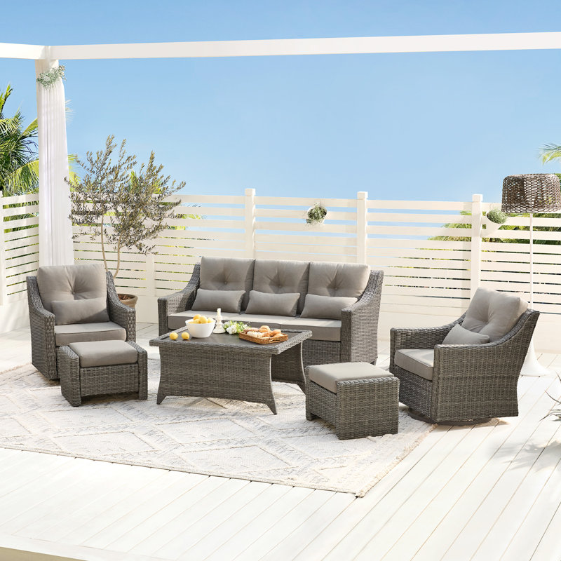 Ensemble de conversation d'extérieur pour 5 personnes avec table basse et coussins Keaisha, Gris brunâtre, Gris