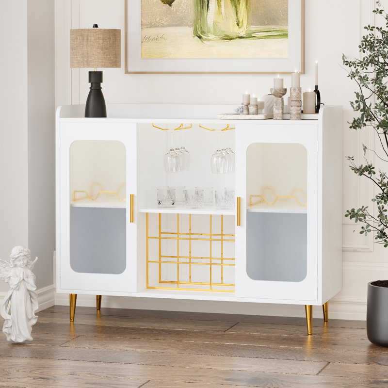 Xachary 40'' Wine Bar Cabinet with 4-Tier Storage for Glasses with LED Lights, Sideboard with Doors, White
