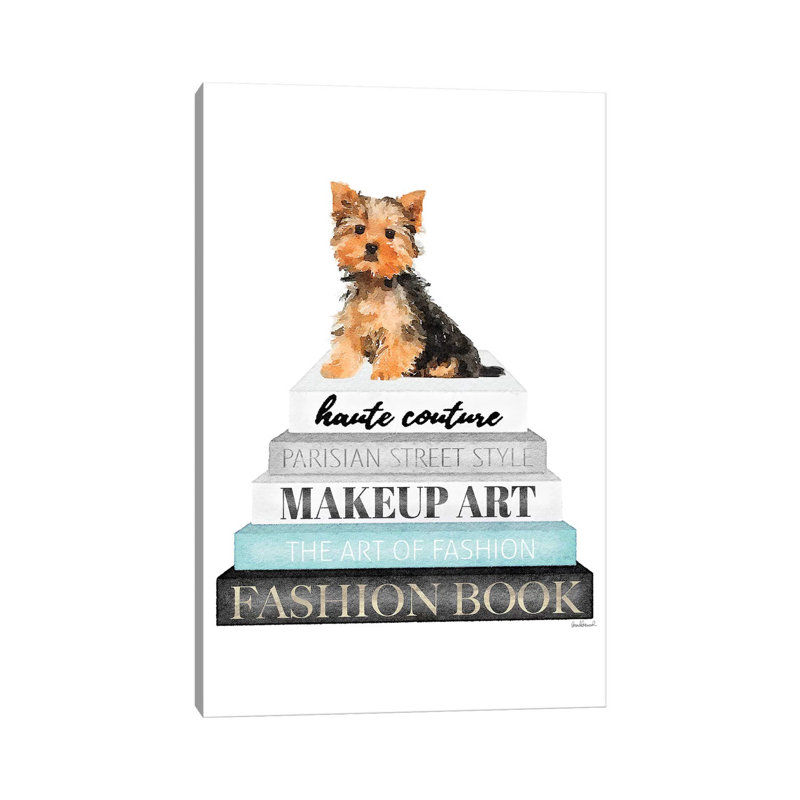 Livres gris avec sarcelle, Yorkie par Amanda Greenwood - peinture sur toile tendue, H 26 po x l 18 po x 1,5 po
