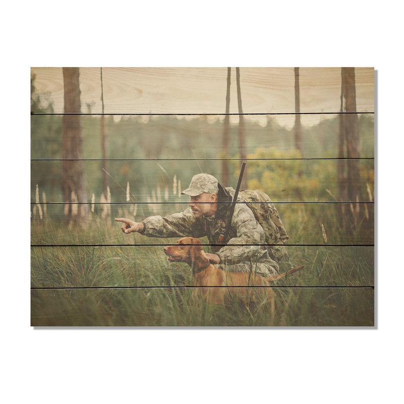 Motif de chasse au chien - chasse et pêche, art mural sur bois de pin naturel, H 24 po x l 32 po