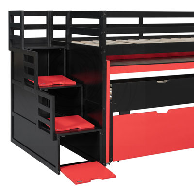 Lit mezzanine simple TG avec bureau coulissant, lit gigogne simple, 2 tiroirs et marches de rangement