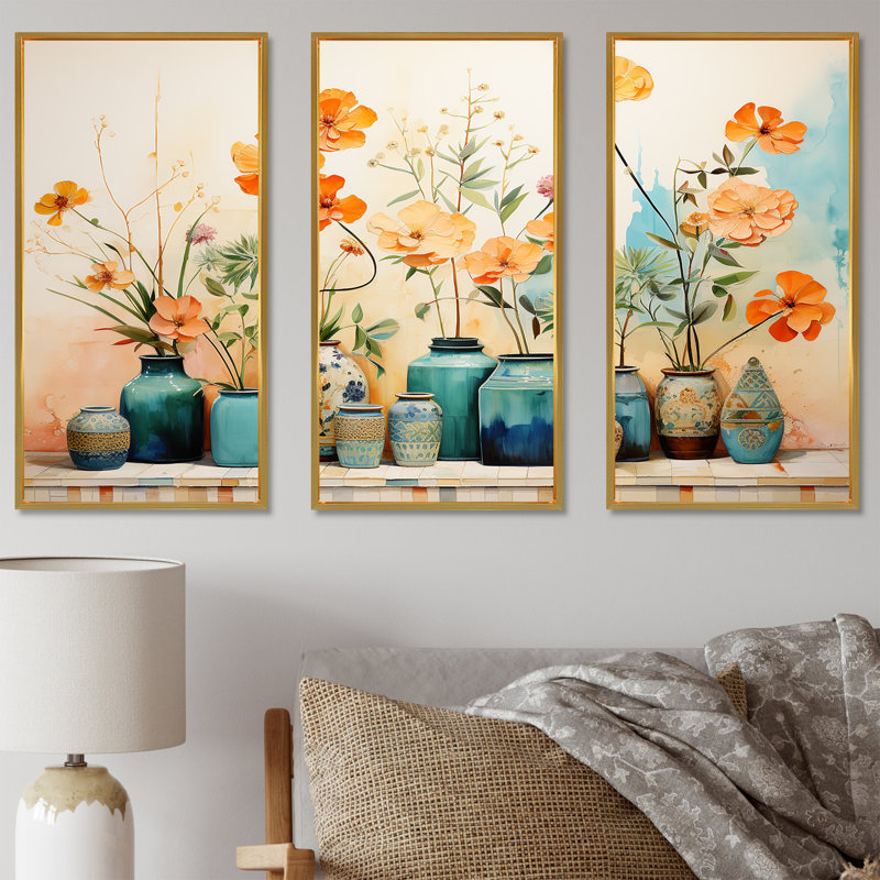 Aquarelle florale bleue II - art mural Boho, Cadre flottant doré, H 40 po x l 60 po x P 1 po