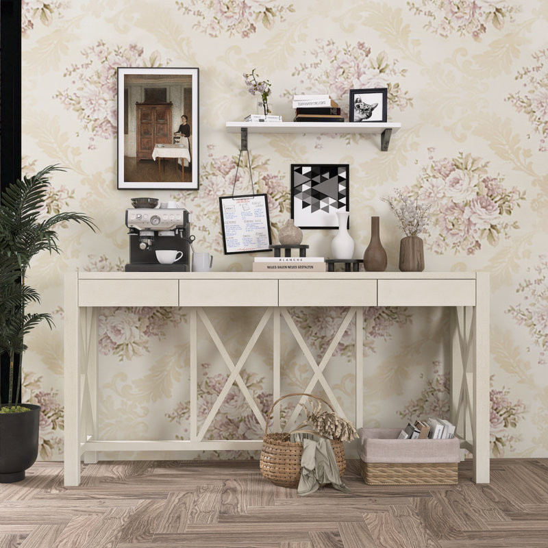 Console à 4 tiroirs en placage d'acacia avec rangement ouvert, Beige