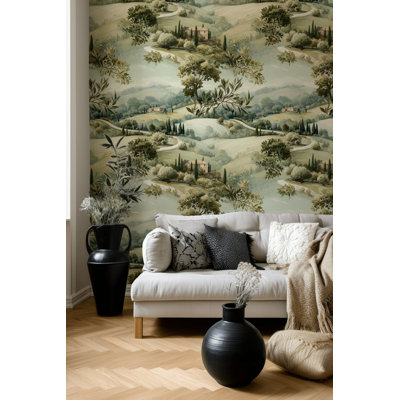 Papier peint paysage pelez et collez, décoration murale campagne