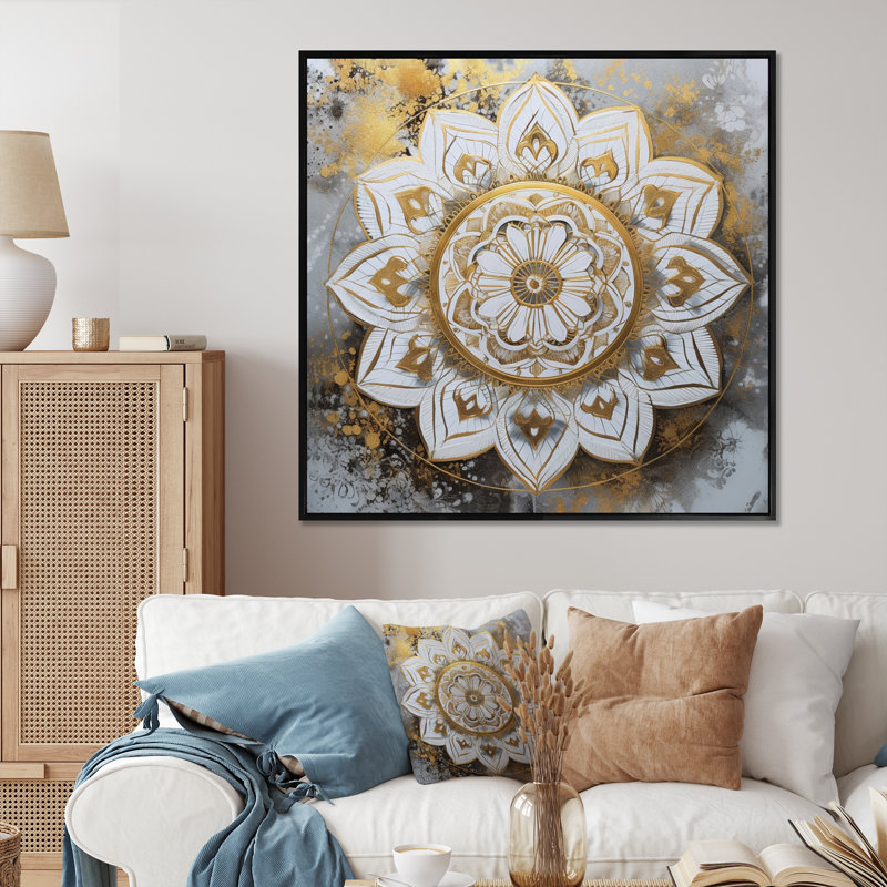 Mandala blanc et doré sur toile, Cadre d'angle fermé noir, H 16 po x l 16 po x P 1 po