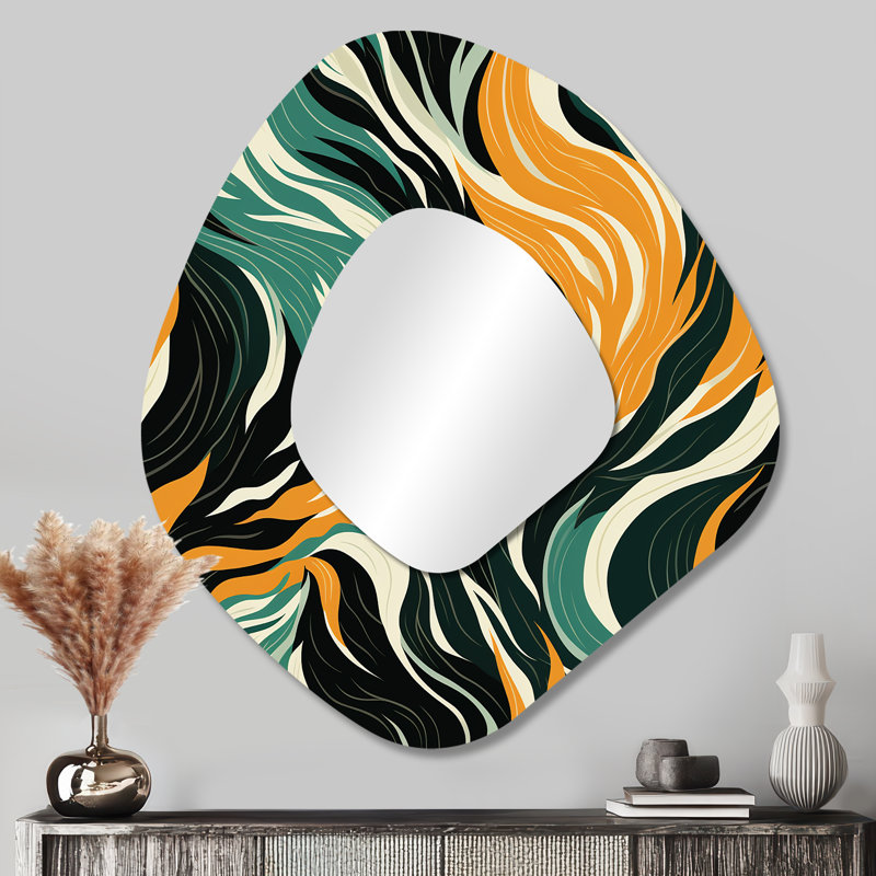 Jungle Majesty en orange et vert I - miroir asymétrique abstrait, miroir mural unique de forme unique orange, impression d'art en métal
