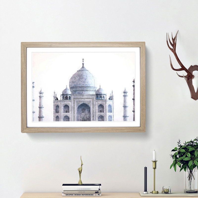 The Taj Mahal in Agra India - Picture Frame Painting Print, 24cm H x 33cm W x 2cm D, Oak Framed