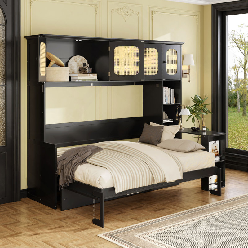 Lit escamotable double avec bureau et armoires en rotin, lit mural peu encombrant pour le bureau personnel, Black