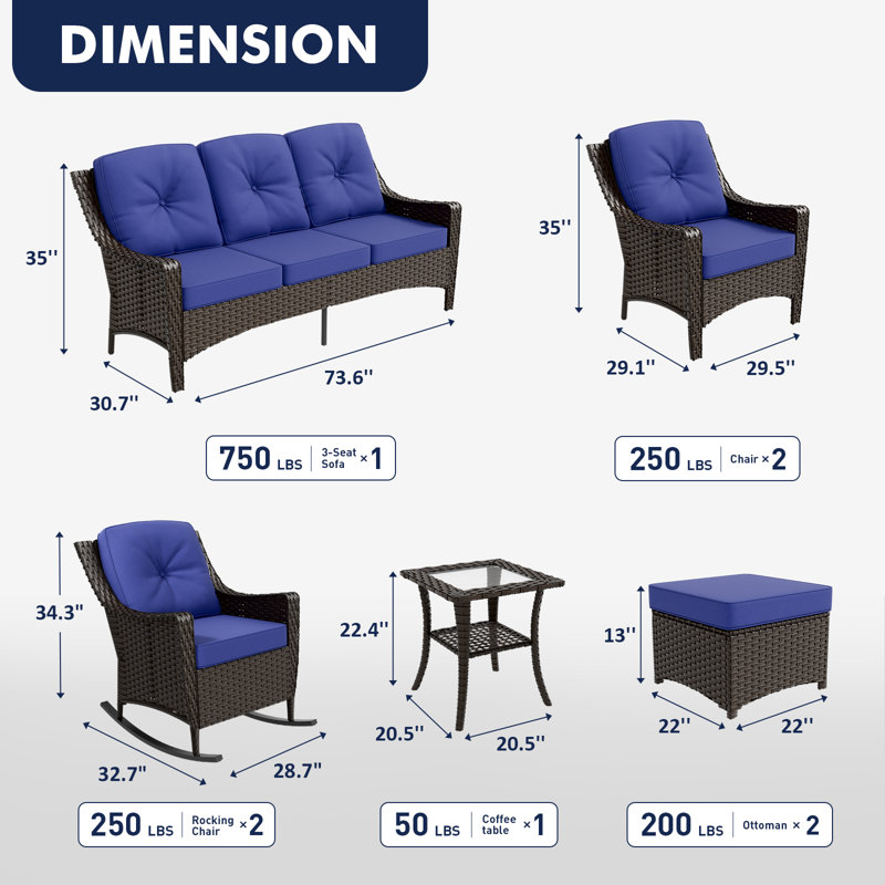 7 - Person Patio Conversation Set with 2 Swivel Lounge Chairs & Sofa, Blue