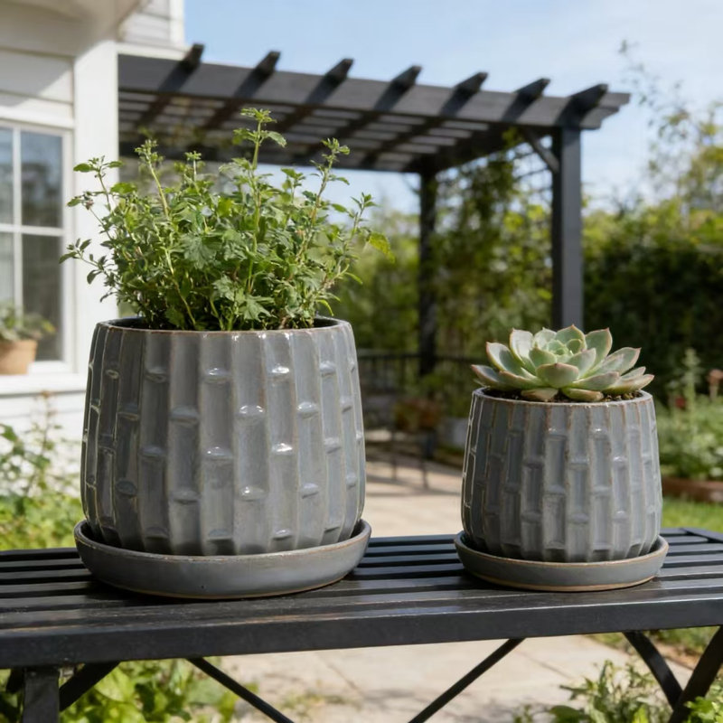 Handmade Gray Glazed Ceramic Planter Set Of 2, 6" & 8" Diameter, Antique Gray