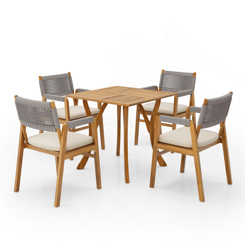 Ensemble bistro d'extérieur rustique en acacia avec coussins 5 pièces, Gris