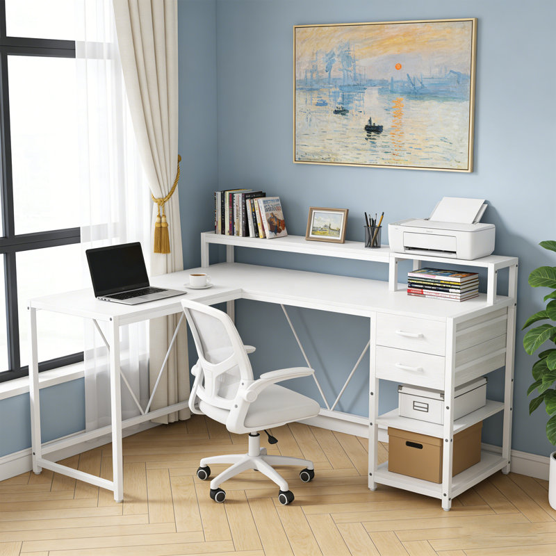 Small Space-Friendly Farmhouse L-Shaped Corner Desk (55-Inch) – White Home Office Writing Table with Monitor Riser, Drawers & Storage Shelves