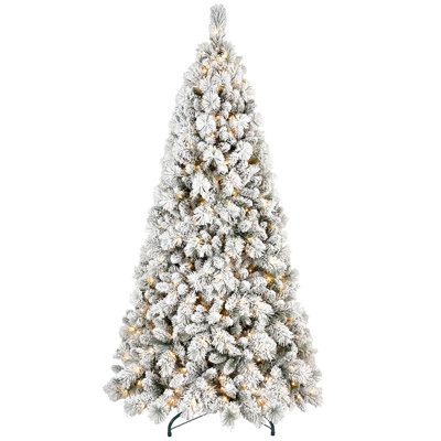 8FT Flocked Christmas Tree With 600 Warm White LED Lights – 1445 Tips, Snowy PVC & Hard Needle Branches, Hinged Design For Easy Setup, Sturdy Metal Stand – Full & Realistic Holiday Tree