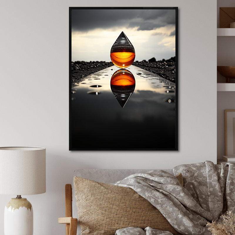 Drop Reflection With Monochromatic Landscape - Abstract Wall Decor, H 20 po x l 12 po x P 1 po, Cadre flottant noir