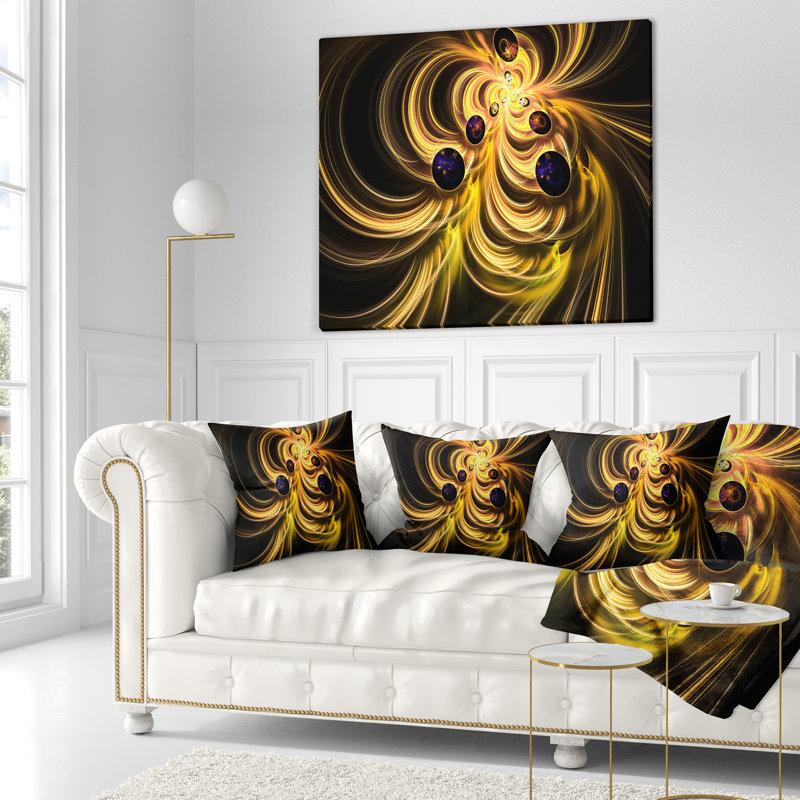 Flammes fractales jaunes - coussin imprimé abstrait, 18 po x 18 po, Coussin décoratif