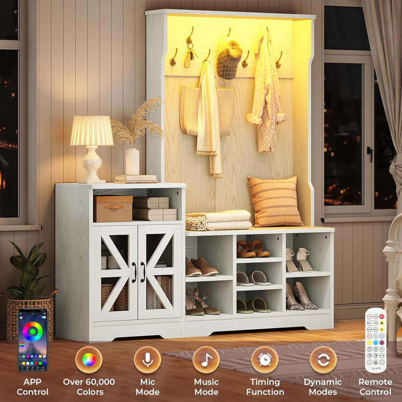 Embossed White Hall Tree with Bench and Storage Shelves