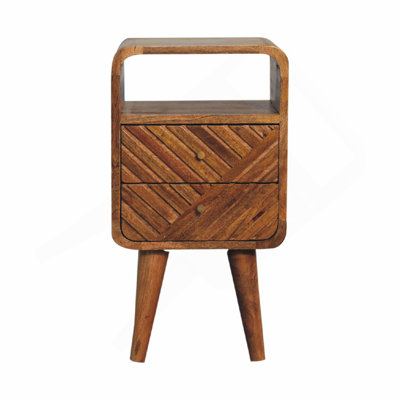 Solid Wood Mini Curved Nightstand, 2-Drawers, 1 Open Slot, Nordic Legs, Light Brown
