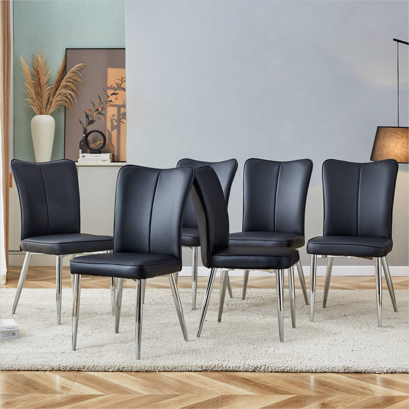 Ensemble de 6 chaises d'appoint classiques en cuir de polyuréthane noir, dossier incurvé avec pieds en métal argenté pour la salle à manger ou le salon, style minimaliste moderne