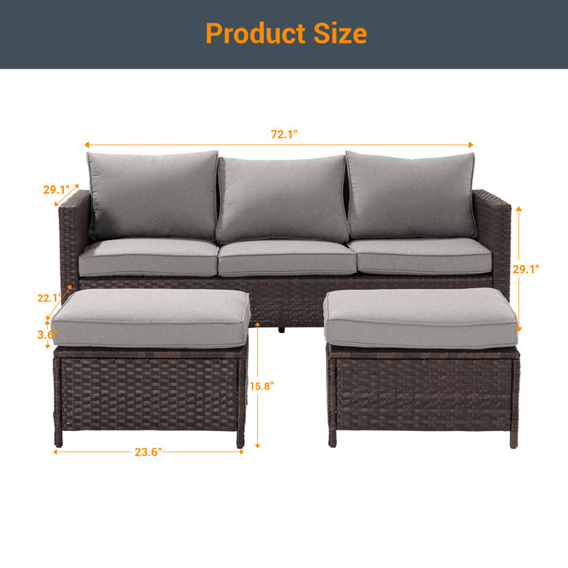 Raelee 3 - Person Patio Conversation Set with Cushions, Brown, Light Gray