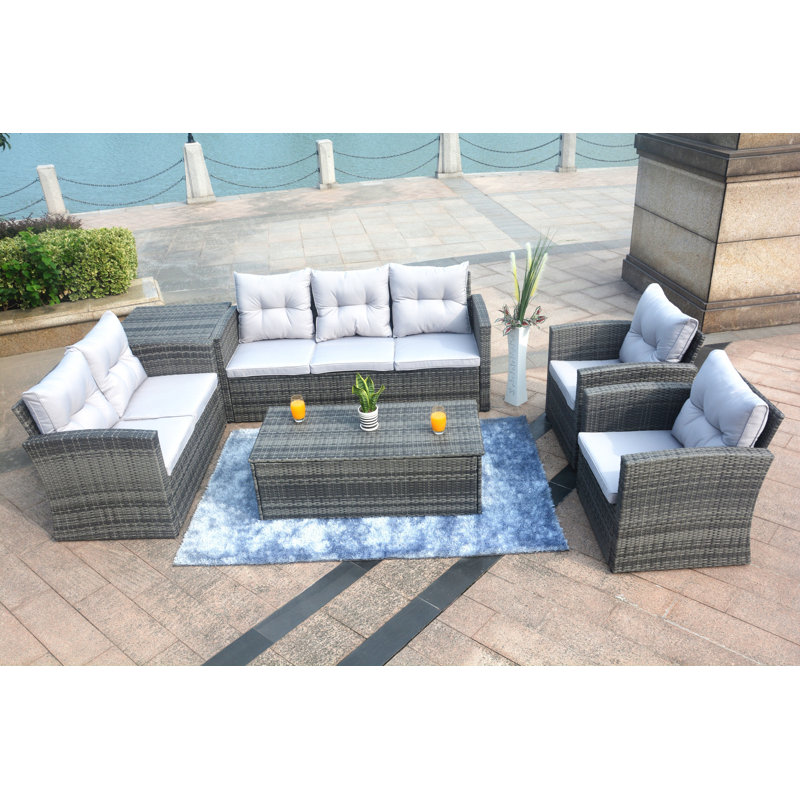Godfrey Wicker 7 - Person Patio Conversation Set with Cushions, Gray