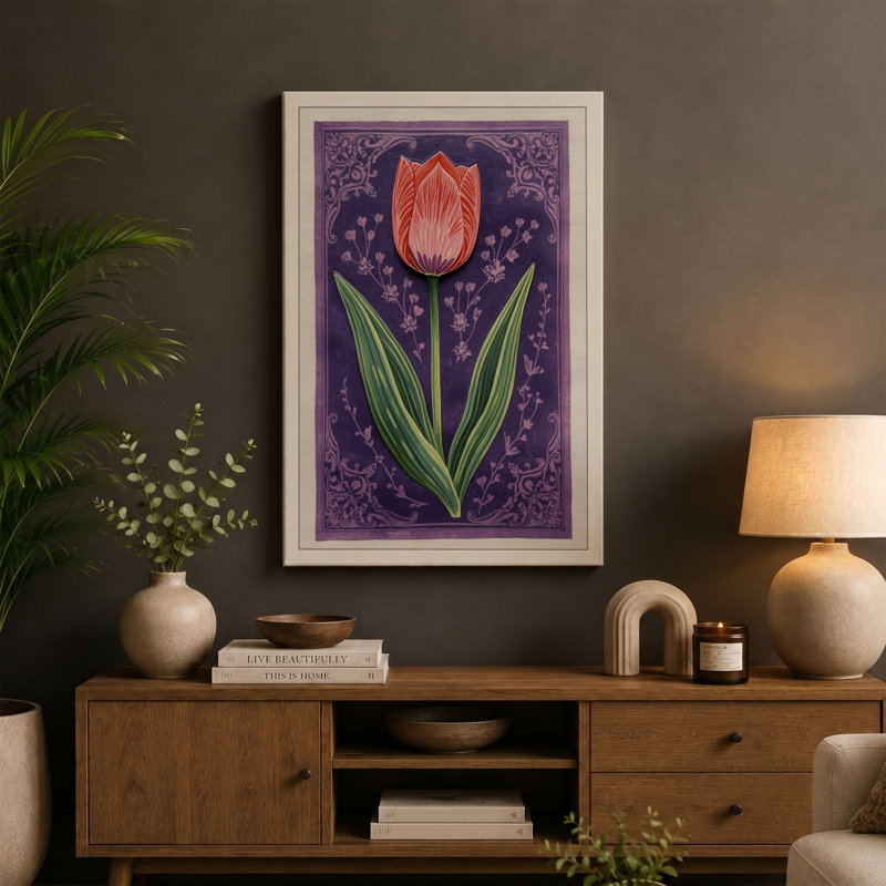 Ornamental Tulip Study Botanical - Wrapped Canvas, 36x24 - 91.4 x 61.0 cm, Teal Border