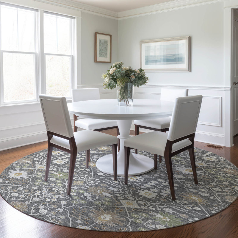 Charcoal Round Flat Woven Synthetic Washable Rug 8'