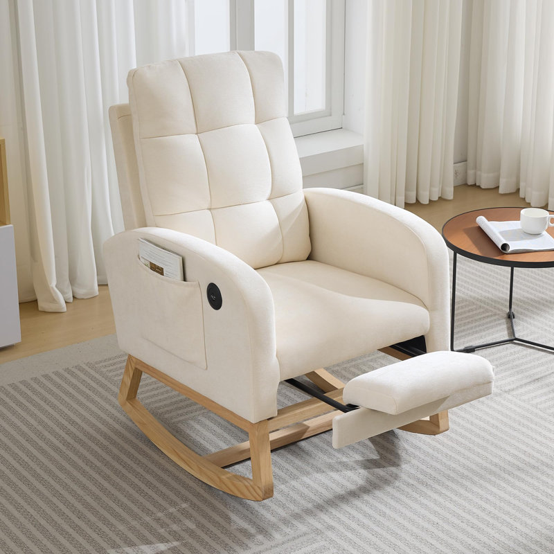Chaise berçante rembourrée avec repose-pieds réglable, port de charge USB, poche latérale et dossier haut pour la maison