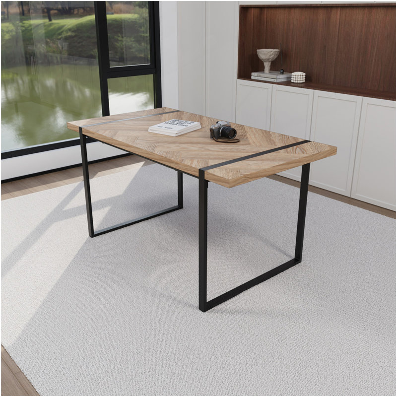 59 " Dining Table Modern Industrial Rectangular MDF Light Wood , 4-6 People, 1.5" Thick Engineering Wood Tabletop And Black Rectangular Metal Legs, Used For Home & Kitchen