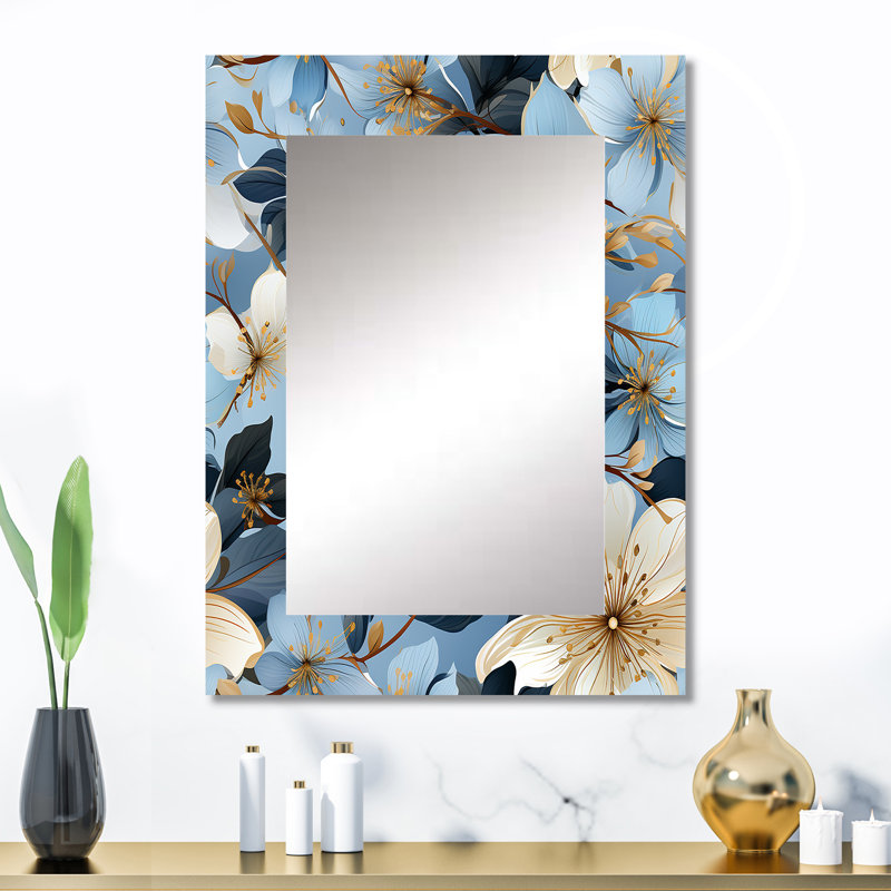 Motif floral bleu rétro Zohemi - miroir décoratif floral, miroir mural floral, impression d'art en métal, 32 po x 24 po