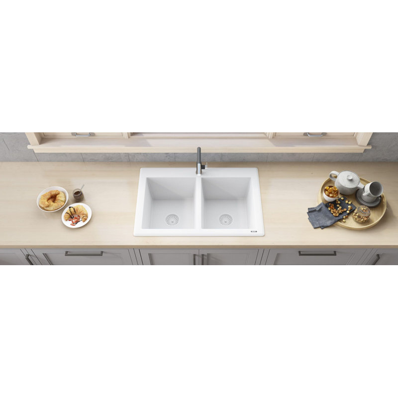 Évier de cuisine encastré à double cuve en granite composite 33 po x 22 po Ruvati - blanc arctique mat -, Blanc arctique