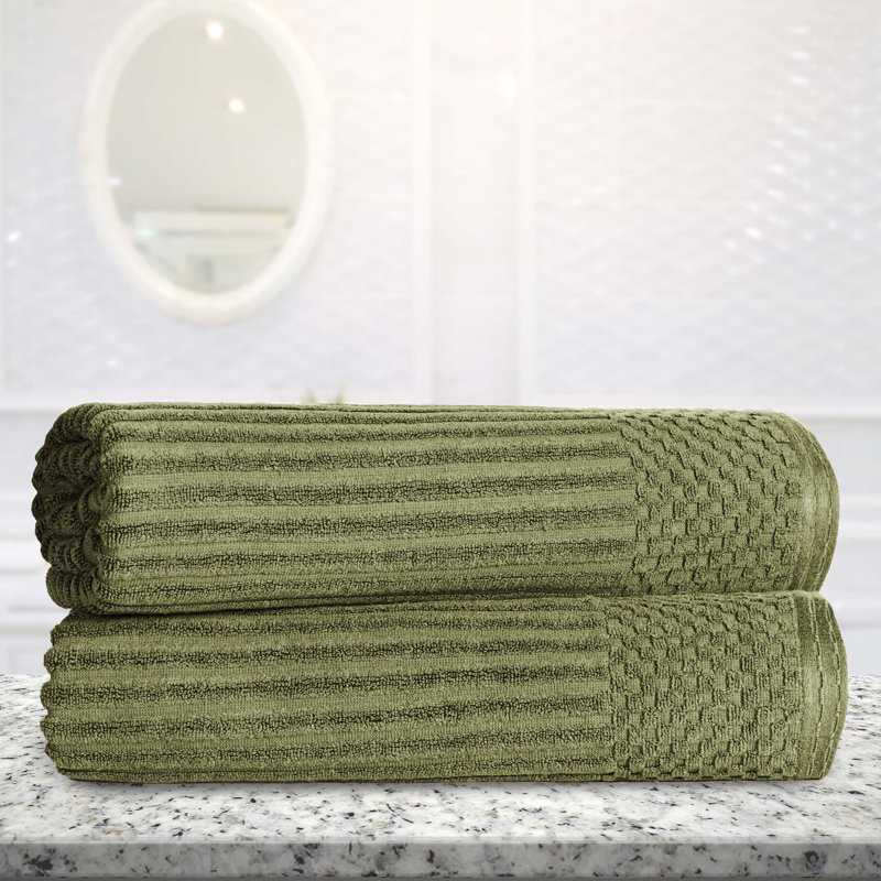 Ruvins Cotton Highly Absorbent Solid and Checkered Border Bath Sheet Set, Sage Green