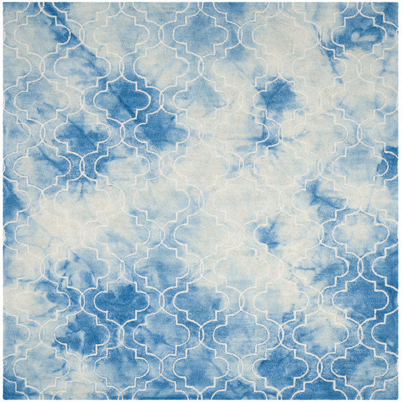 Berman Hand Tufted Wool/Cotton Geometric Rug in Ivory/Blue, Square 5'