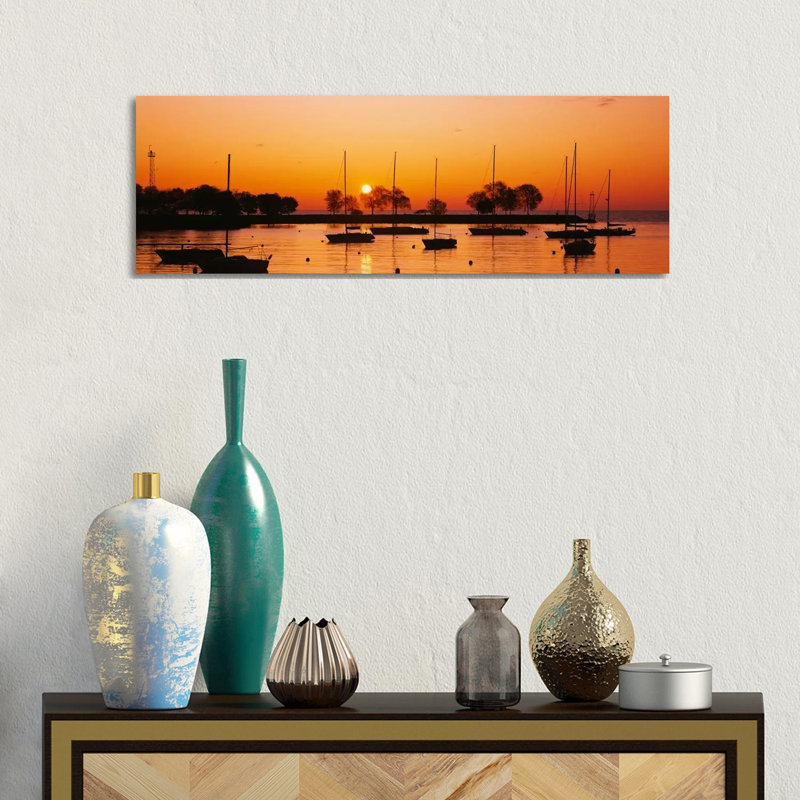 Silhouette of Sailboats in a Lake, Lake Michigan, Chicago, Illinois, USA 1 Piece Wrapped Canvas Panoramic Wall Art